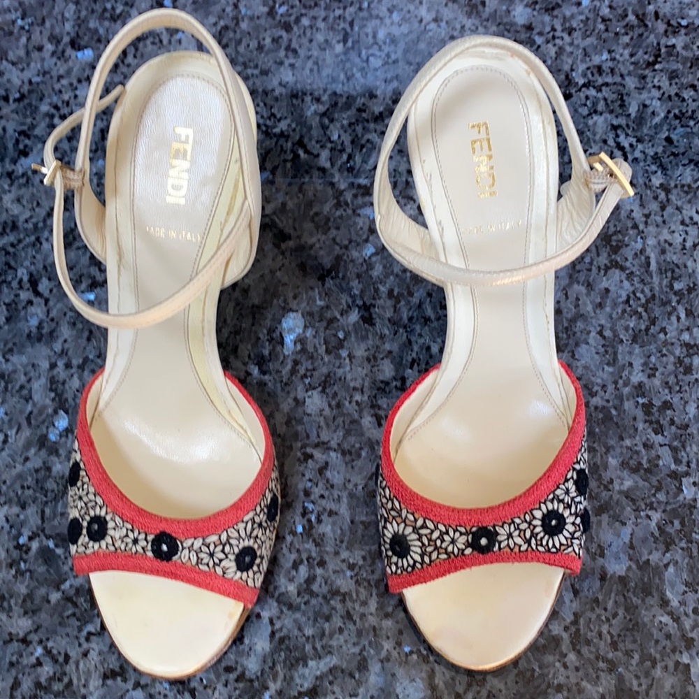 Fendi Embroidered Wedge Sandals Size 37 - Picture 2 of 9